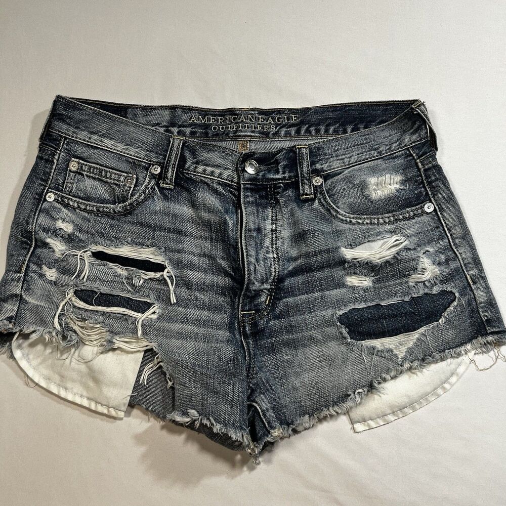 American Eagle Distressed Denim Shorts Womens 8 Blue Cutoff Button Fly Ripped AE